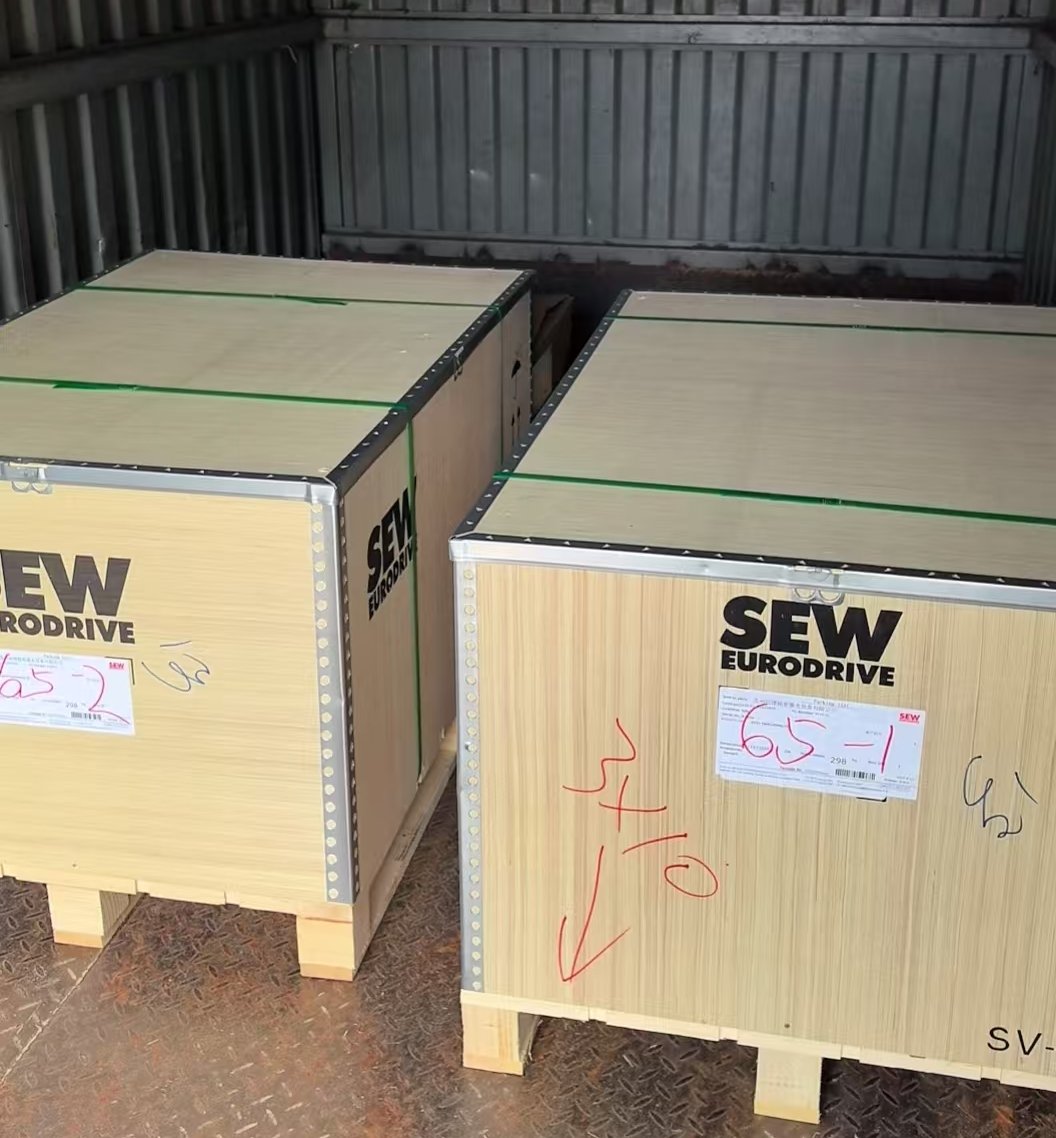 Packed SEW Eurodrive gear reducer wooden cases inside container Packed SEW Eurodrive gear reducer wooden cases inside container
