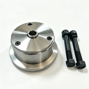 Close-up of precision machined cast steel central guide wheel with fastening bolts, heavy duty guide roller for cement conveyor