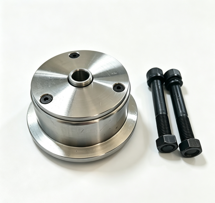 Close-up of precision machined cast steel central guide wheel with fastening bolts, heavy duty guide roller for cement conveyor Close-up of precision machined cast steel central guide wheel with fastening bolts, heavy duty guide roller for cement conveyor